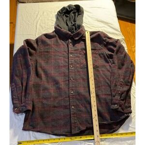Sunrise Kingdom Flannel Plaid Jacket Medium Hooded Red Gray Button Up Casual